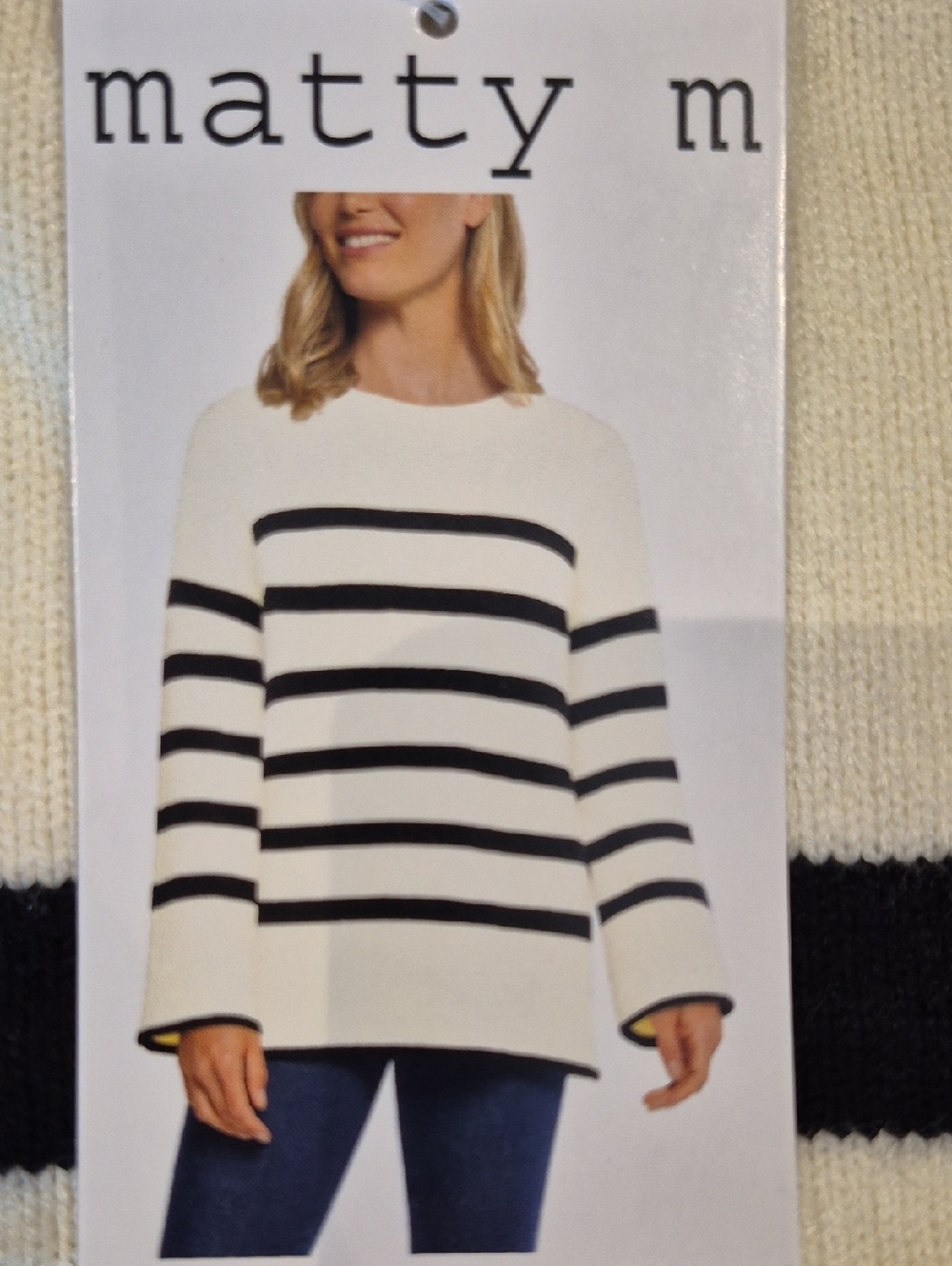 XS: Matty M Cream and Black Striped Crewneck Sweater